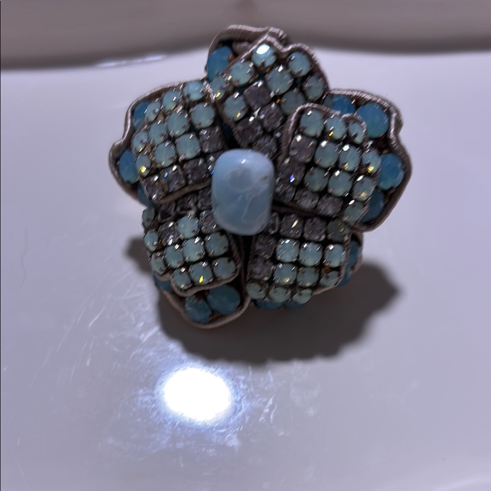 Anthropologie Turquoise Beaded & Gold Fabric Statement Adjustable Ring…